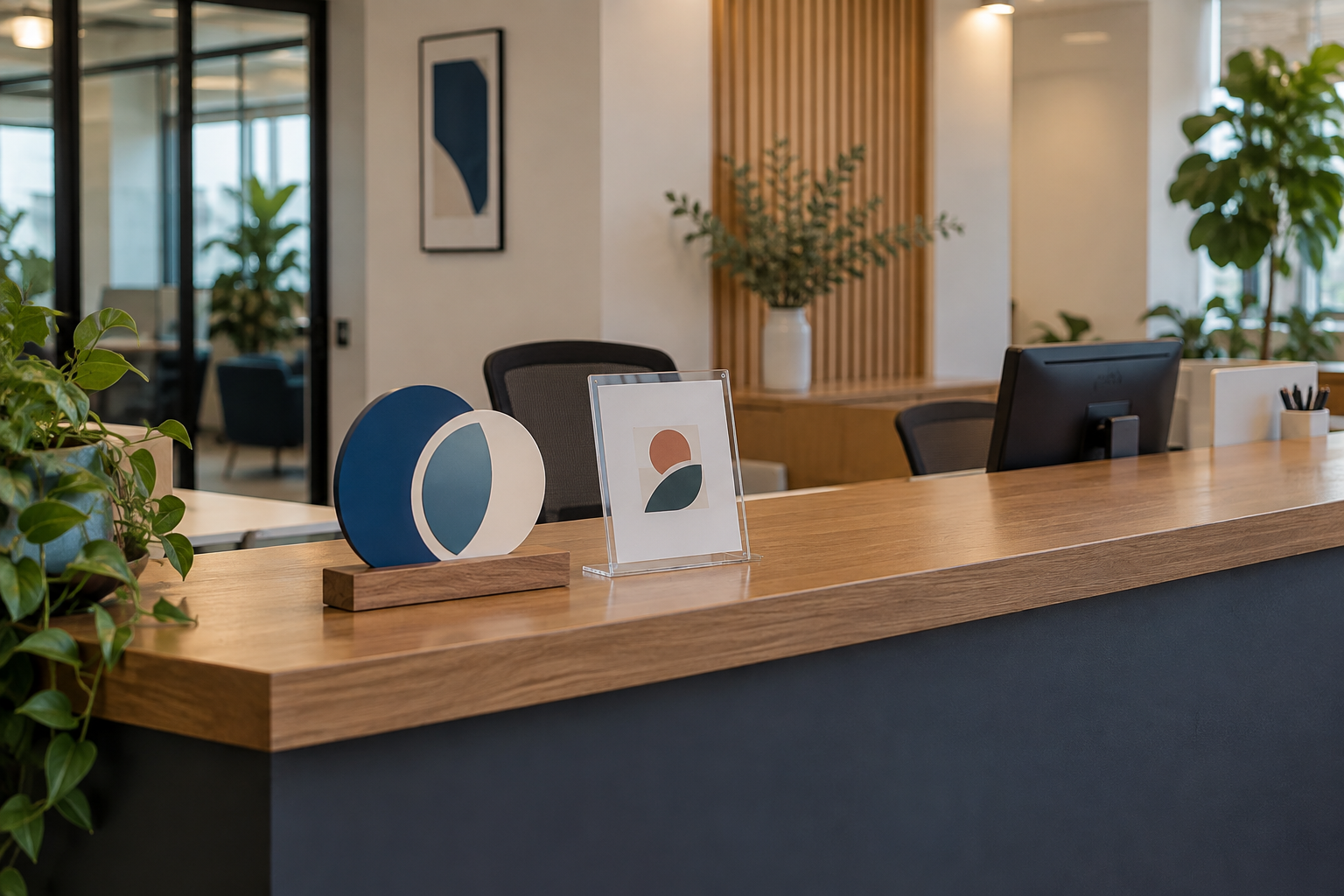 Compact freestanding logo sign beside a changeable insert holder on a shared reception counter