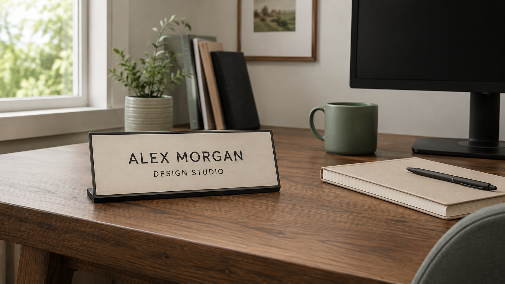 Personalized tabletop name sign on a wood home-office desk with a notebook and monitor, viewed from seated eye level