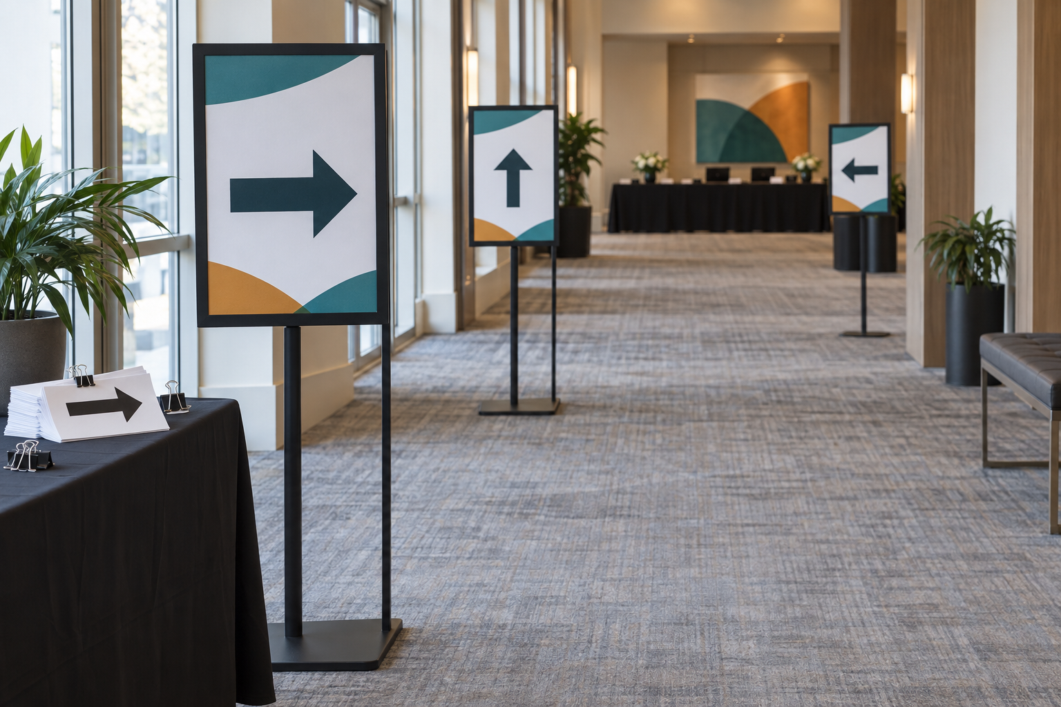 Three coordinated freestanding directional signs with paper arrow alternatives in an indoor event corridor