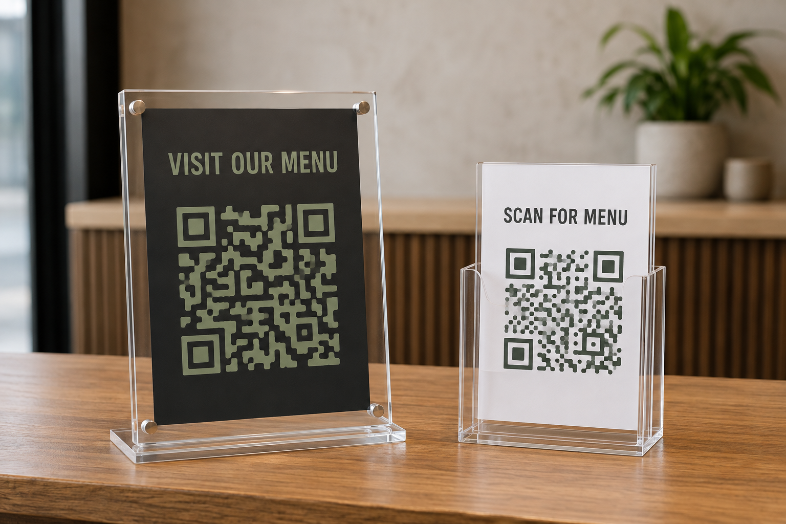 Custom acrylic QR plaque beside a replaceable printed QR insert on a small-business counter