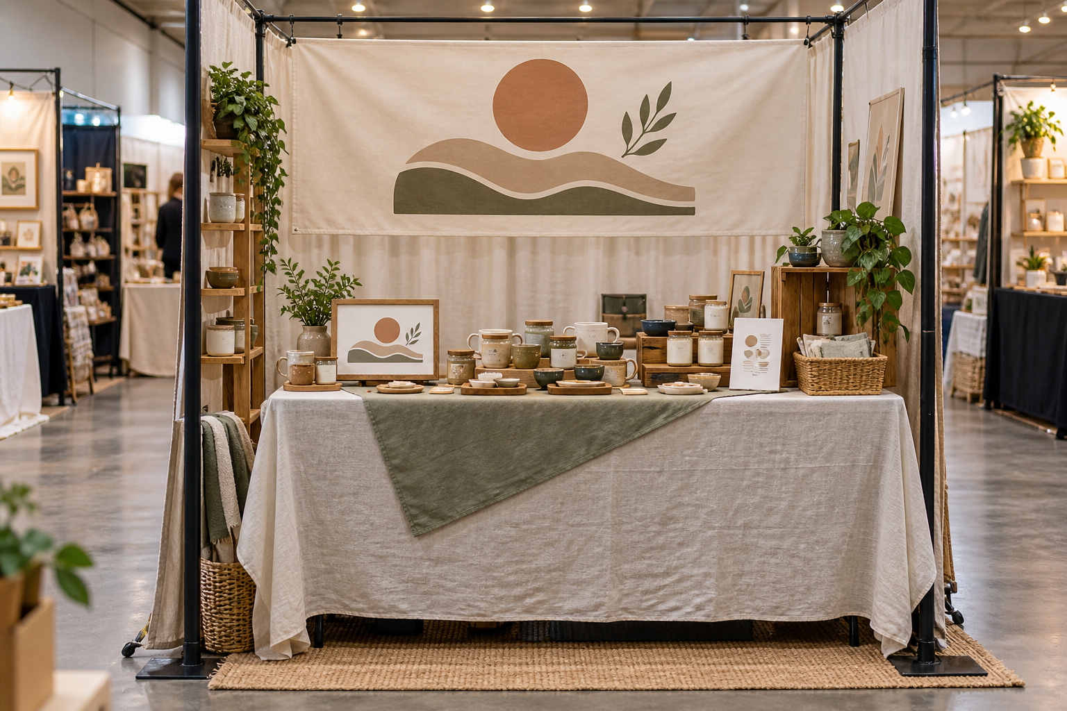 Reusable fabric booth identity sign above a coordinated tabletop sign and changeable information card at an indoor makers market