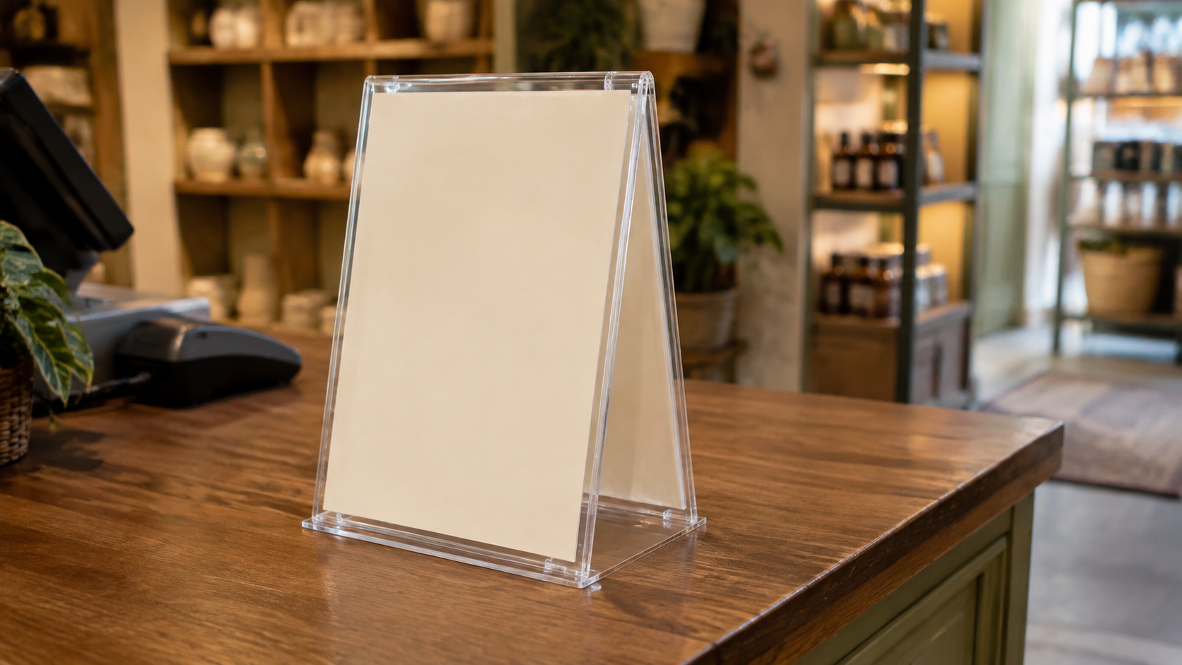 Double-sided clear acrylic sign holder viewed at an angle on a retail counter with space around its base