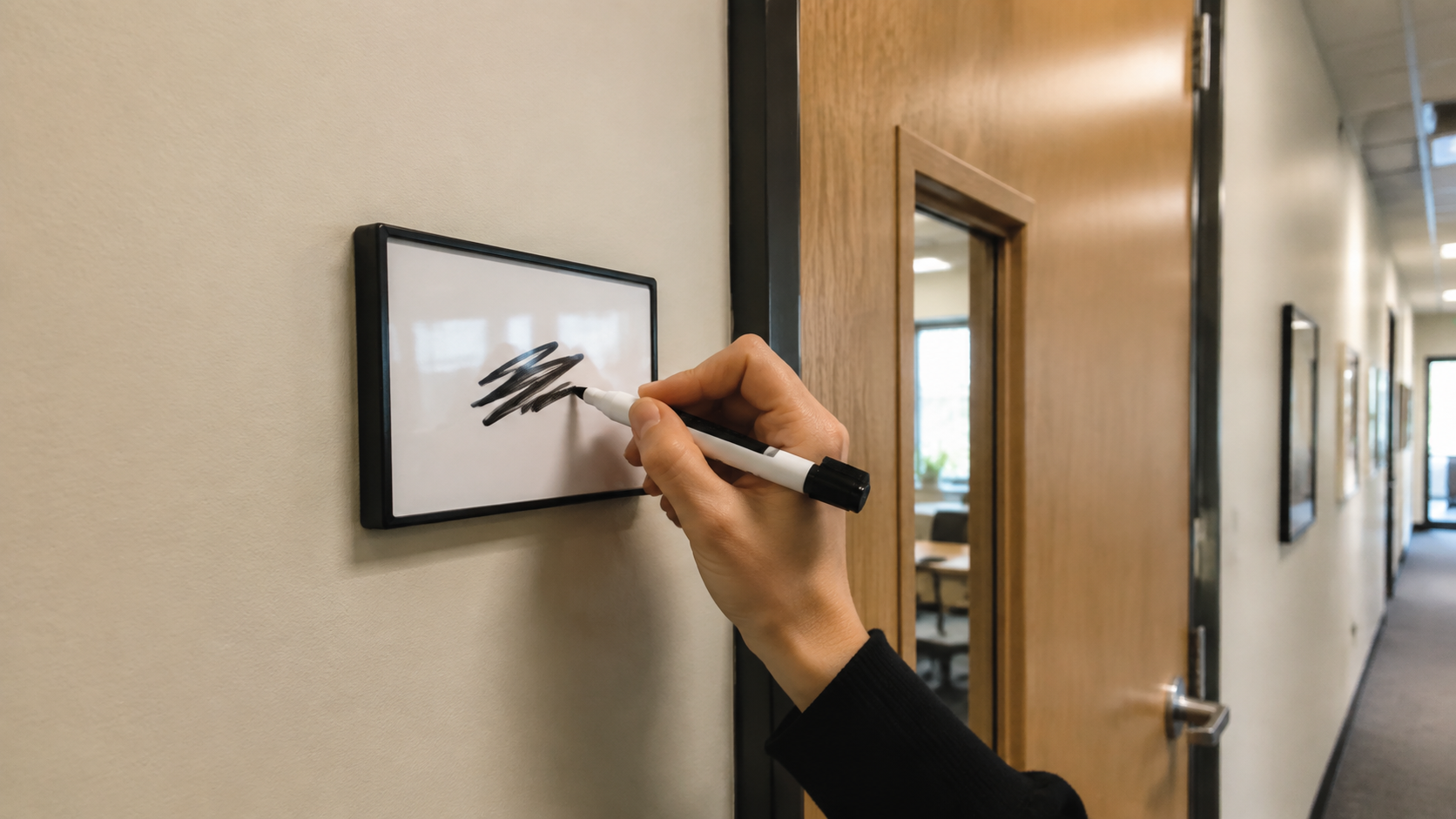 Hand updating a small black-framed dry-erase nameplate mounted beside a shared-room door in an office corridor