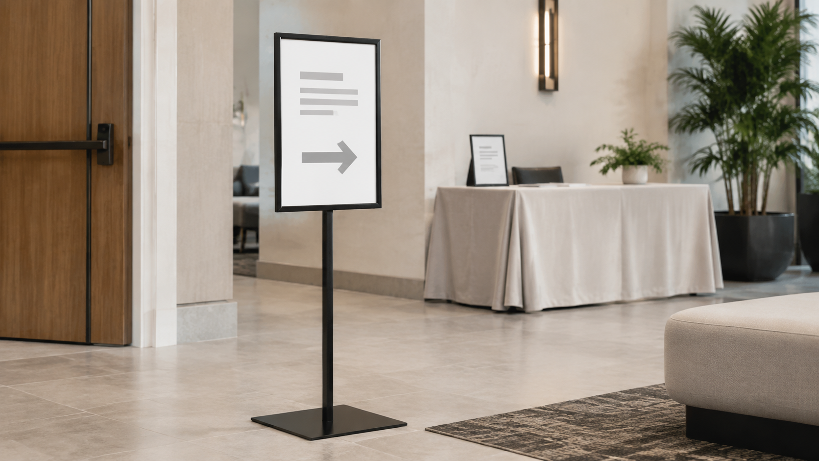 Freestanding black floor sign stand with a portrait insert in an indoor event lobby and a smaller tabletop sign behind it