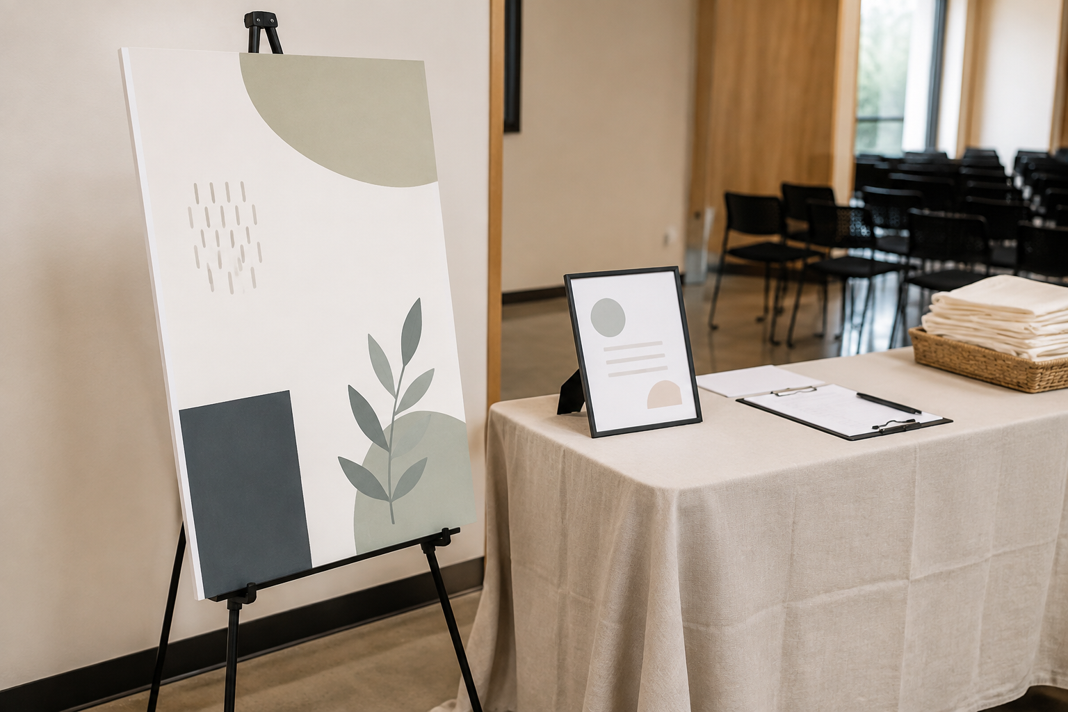 Printed foam board on a floor easel beside a framed paper notice at an indoor event check-in table