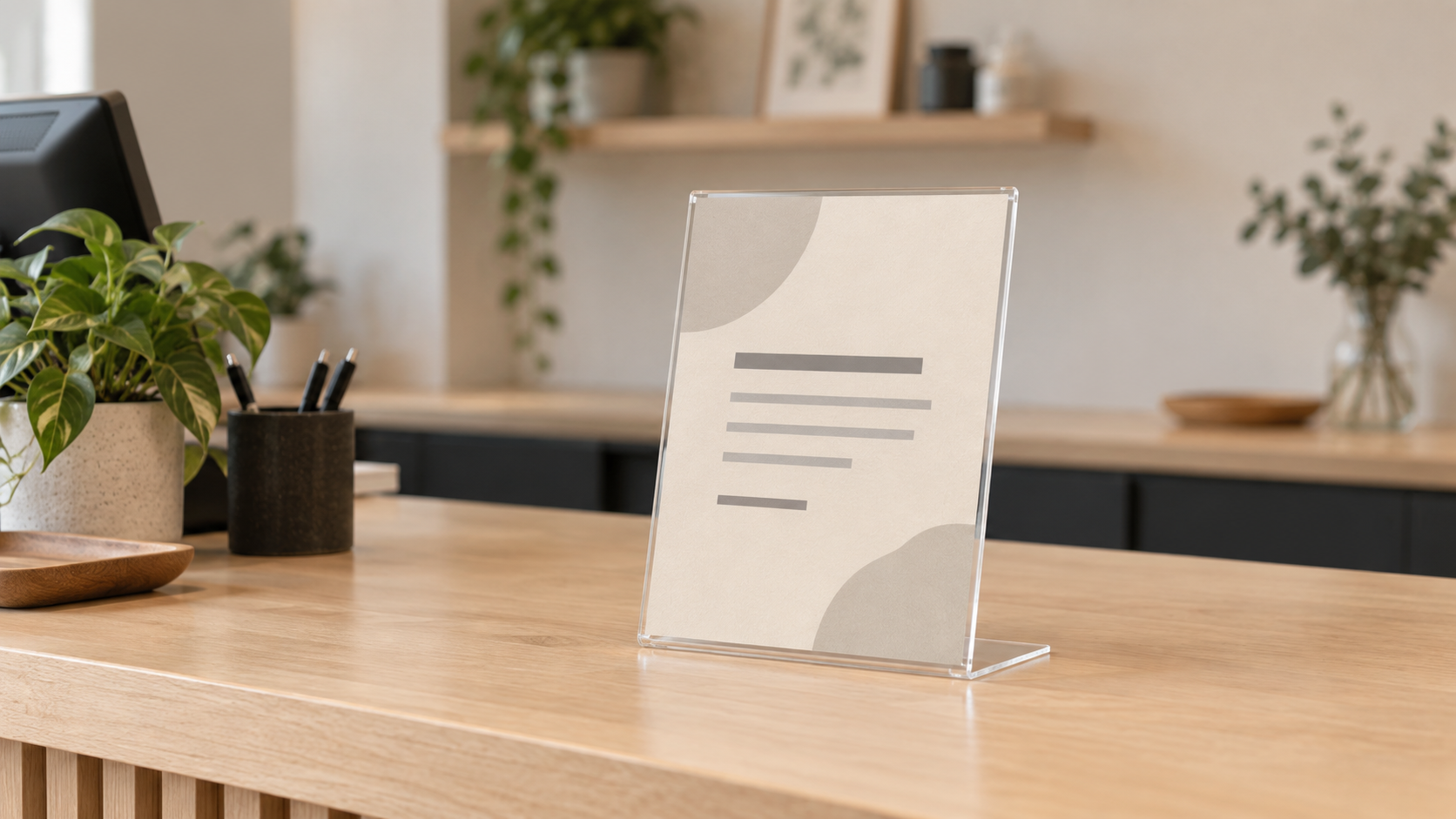 Clear L-shaped acrylic sign holder with a paper insert viewed from the customer side of a compact counter
