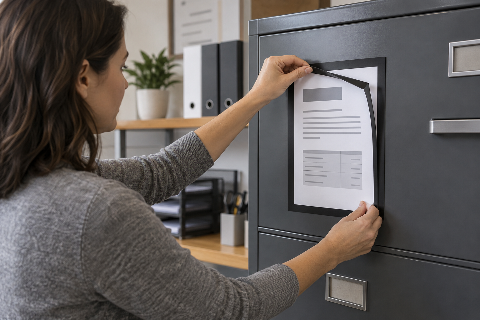 An office worker lifting the edge of a black magnetic document frame while changing a paper notice on a gray metal filing cabinet