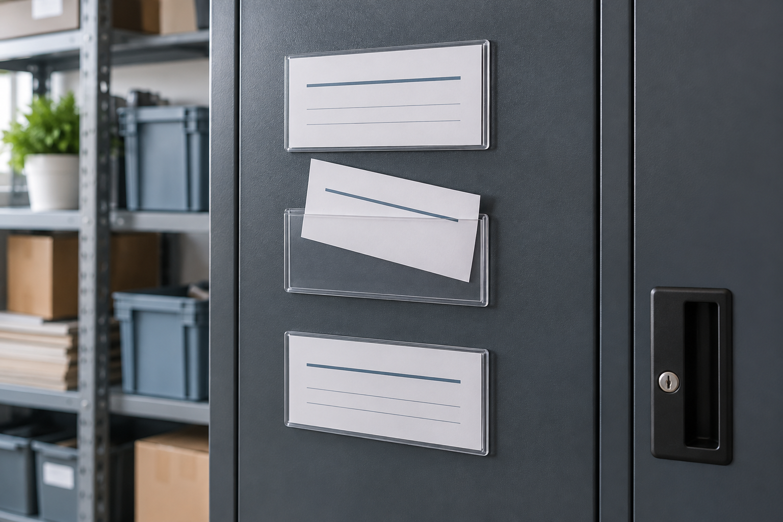 Three clear magnetic label pockets attached to a dark steel storage cabinet, with one paper insert partly removed