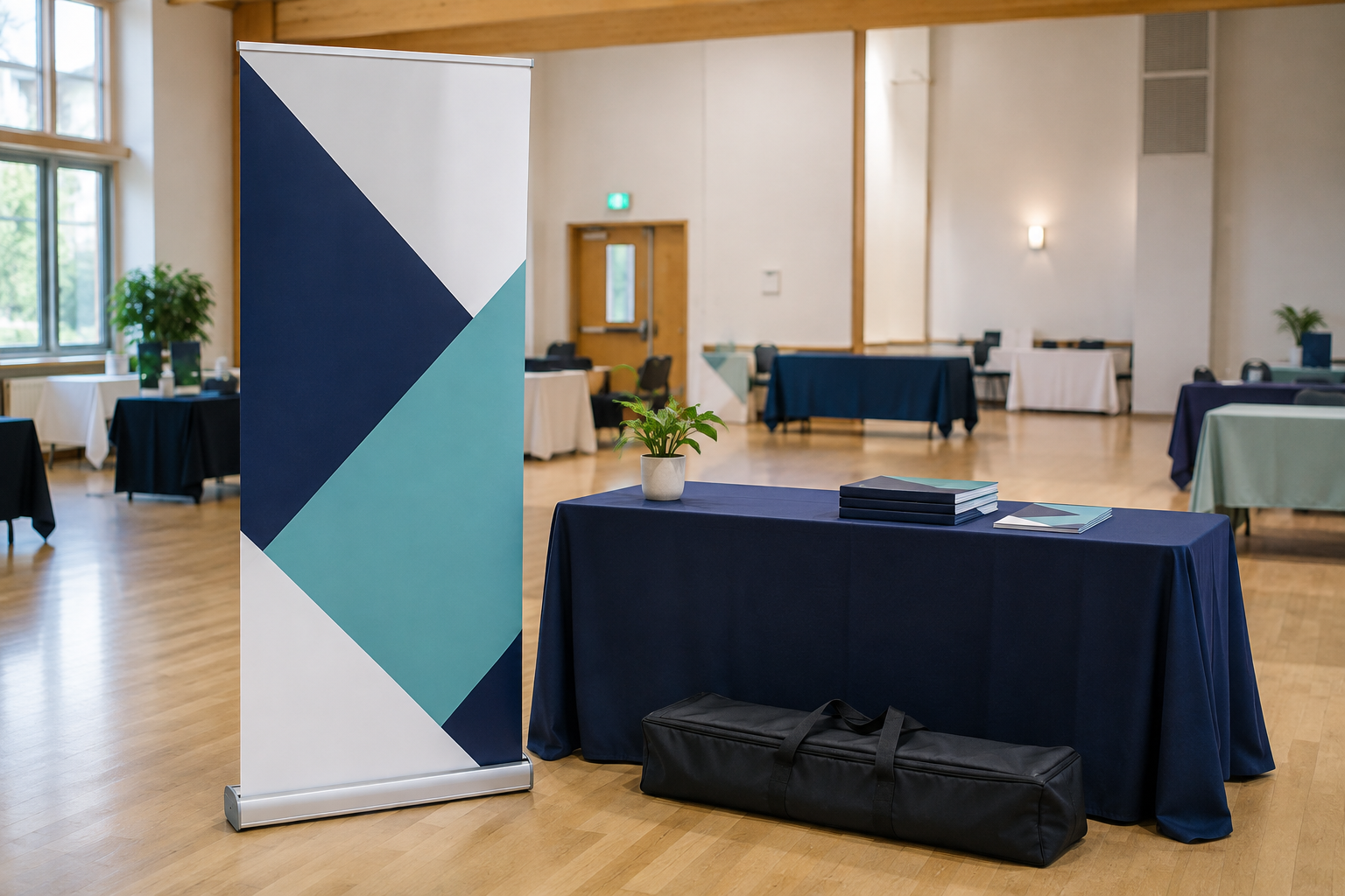 Retractable banner stand with a carry bag beside a vendor table in an indoor event hall