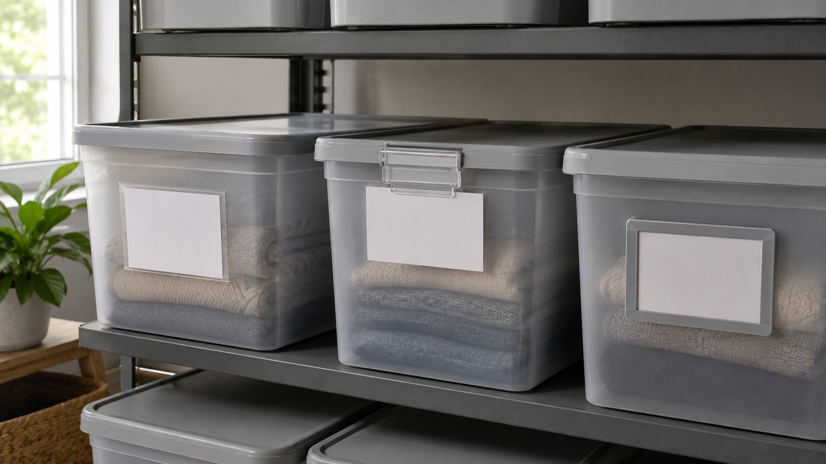 Three translucent storage bins on a shelf fitted with a clear adhesive sleeve, a clip-on label holder, and a rigid label frame