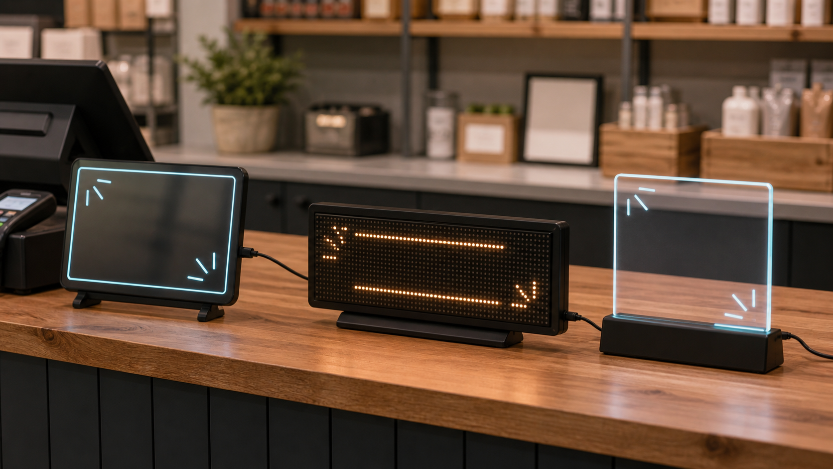 Three compact LED message-board formats arranged on an indoor small-business counter