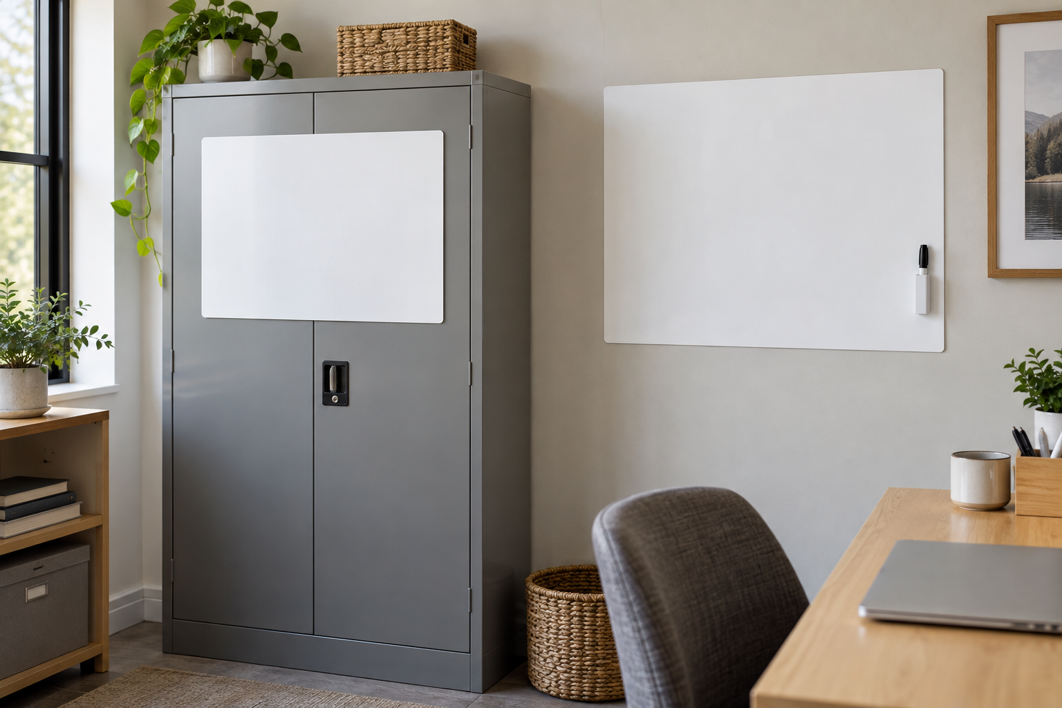 Blank magnetic dry-erase sheet on a steel cabinet beside an adhesive dry-erase sheet on a smooth indoor wall