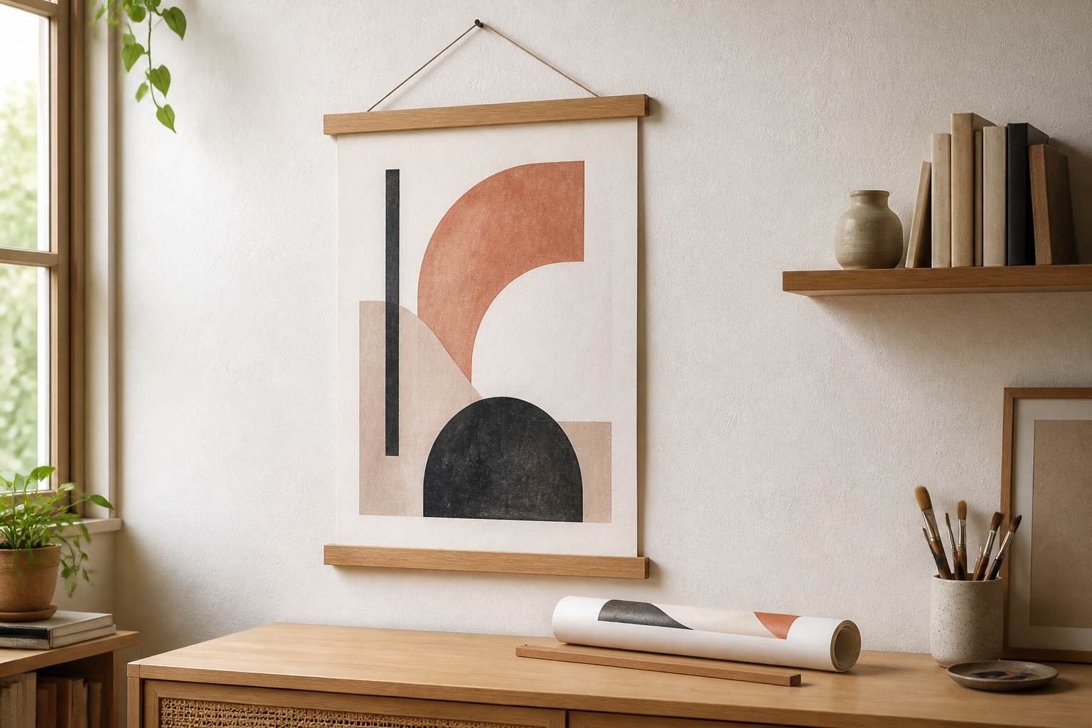 Wood magnetic poster hanger displaying an abstract print above a console with a rolled replacement print