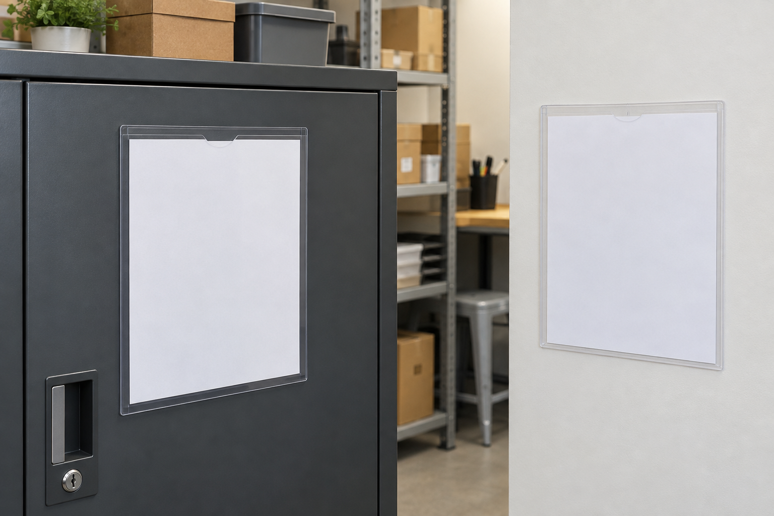 Clear magnetic sign pocket on a dark steel cabinet beside a clear adhesive sign pocket on a smooth light-colored indoor wall