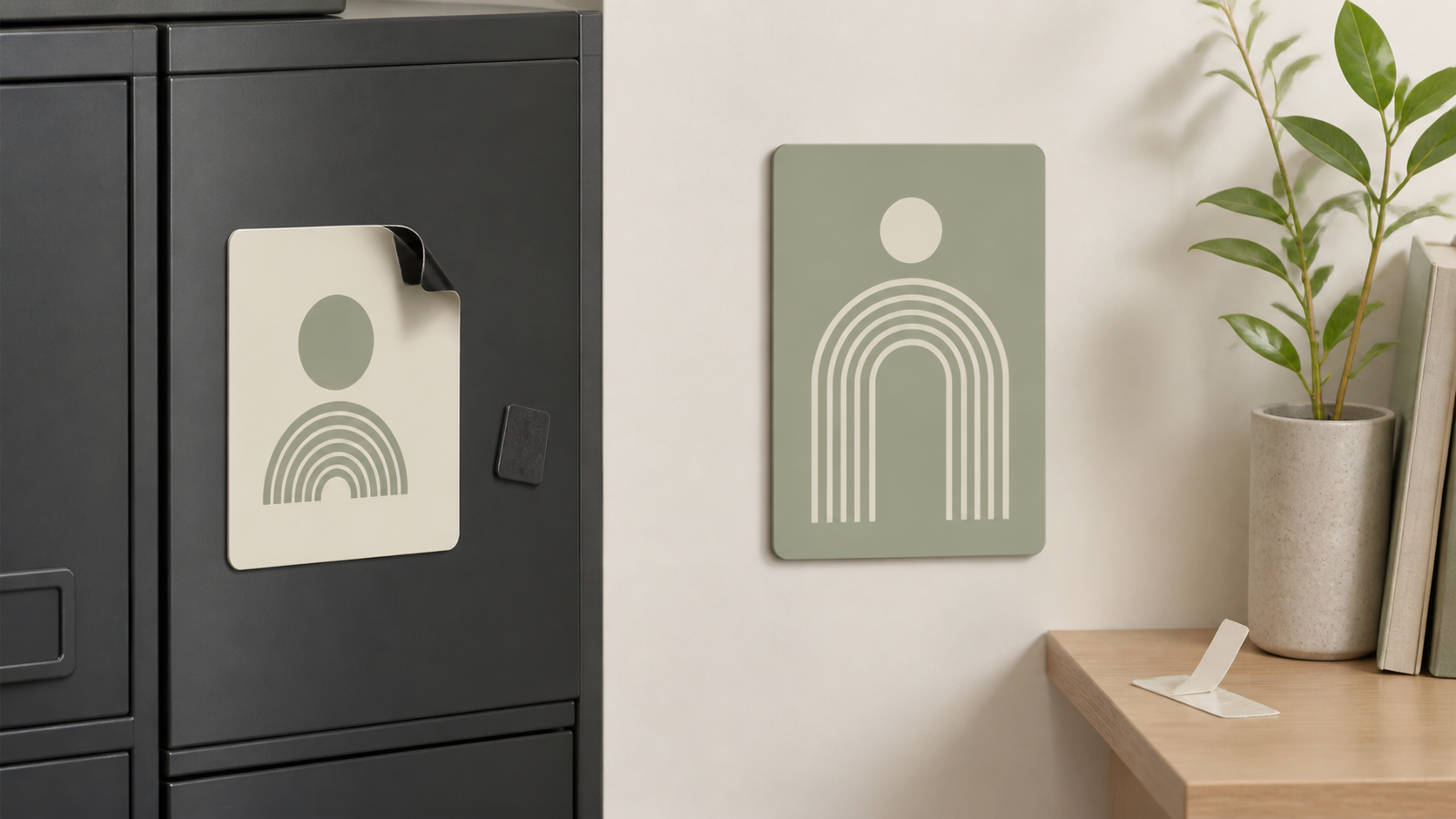 Flexible magnetic sign on a steel cabinet beside an adhesive-backed sign on a smooth painted wall