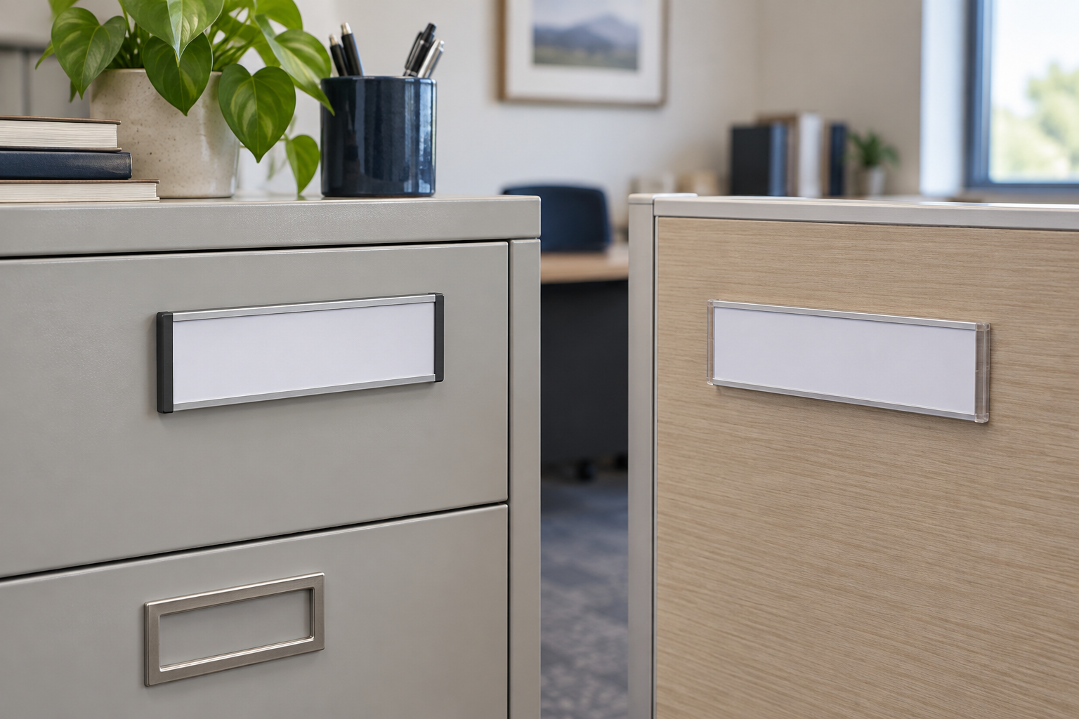 Magnetic nameplate holder on a painted steel cabinet and adhesive nameplate holder on a smooth laminate office divider