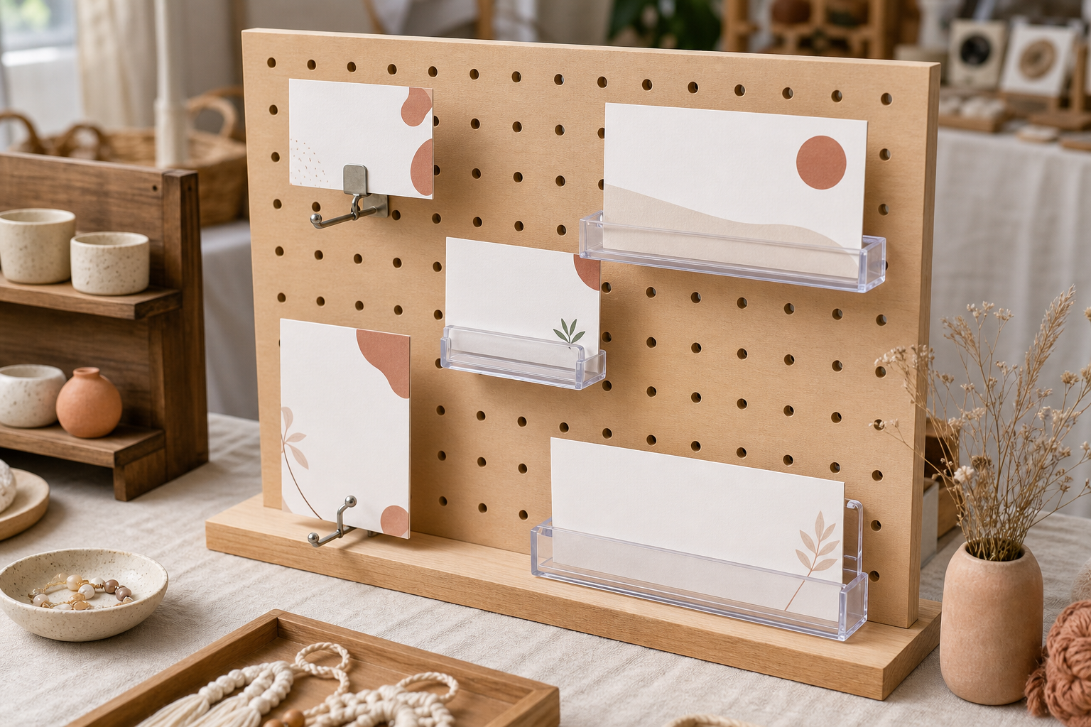Price and category cards supported by hooks, clips, and clear holders on a tabletop pegboard display
