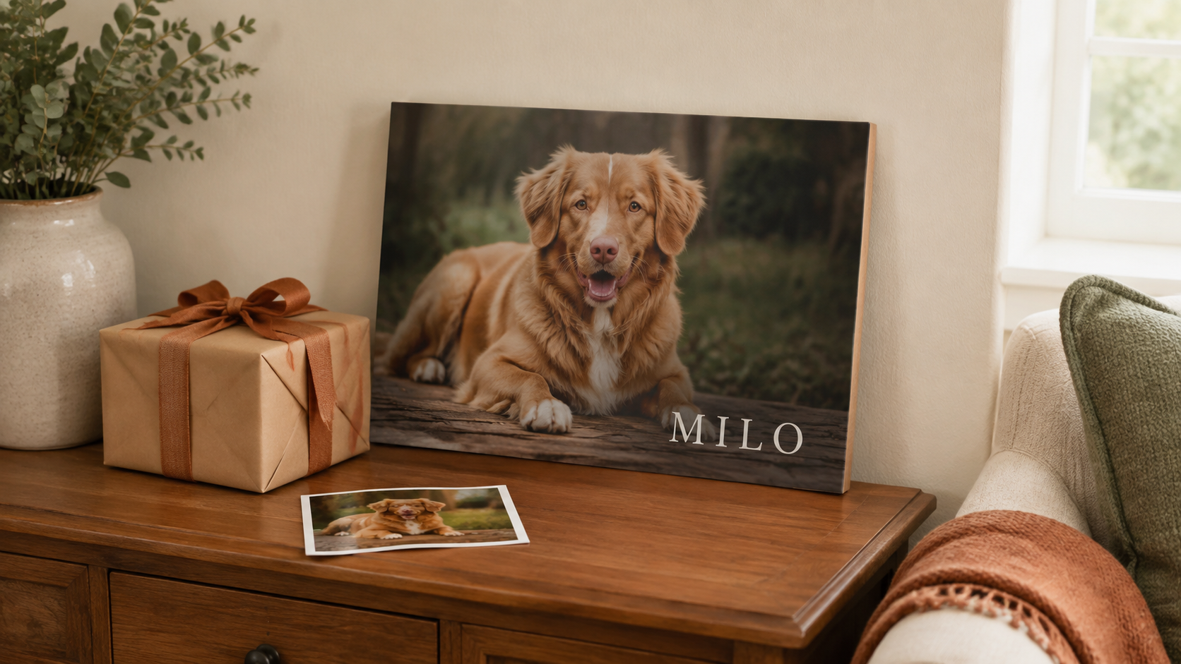 Personalized Milo pet portrait sign beside its matching reference photo and a wrapped gift on a living-room console