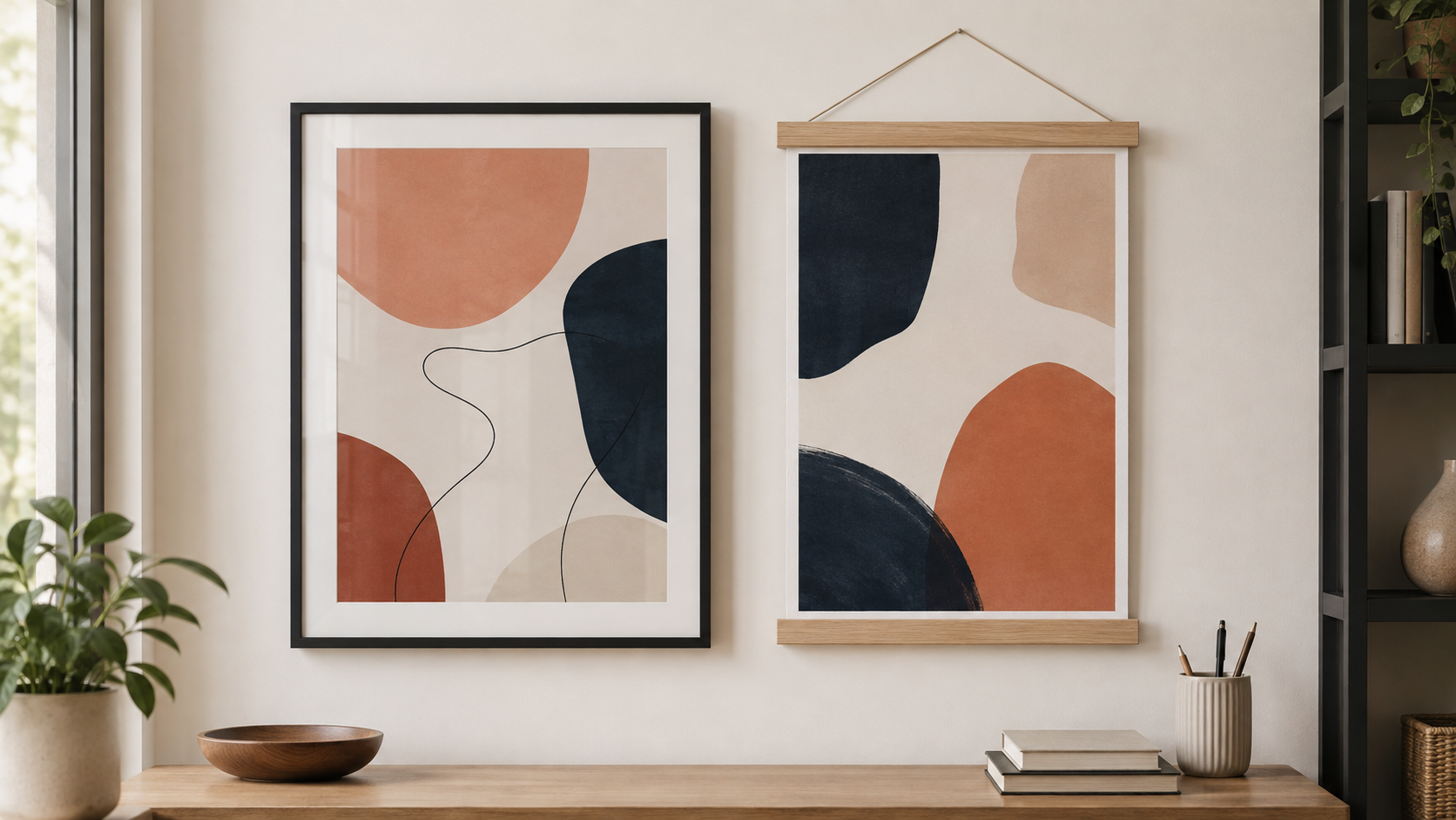 Black poster frame beside a print held by natural wood magnetic hanger rails on an indoor wall