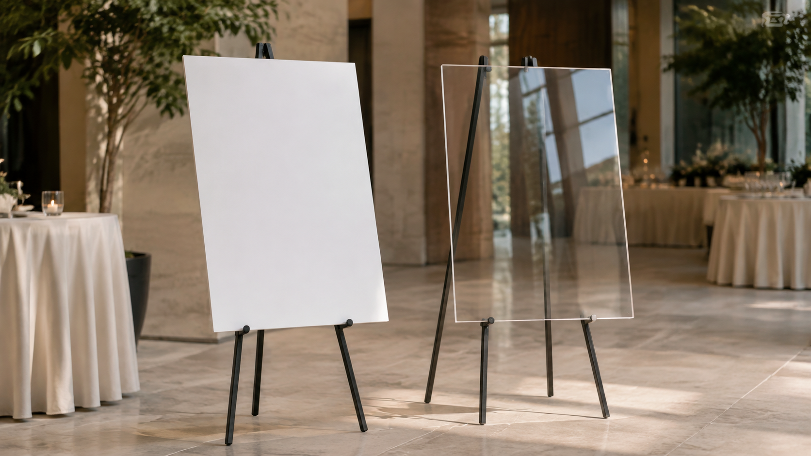Blank white foam board and clear acrylic event signs displayed side by side on floor easels in an indoor venue