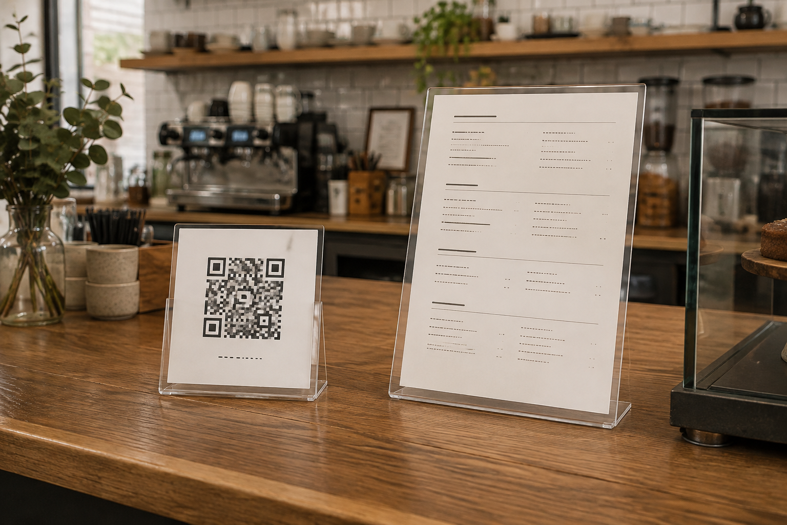 A small QR code sign and a full printed menu displayed side by side in clear holders on an indoor cafe counter