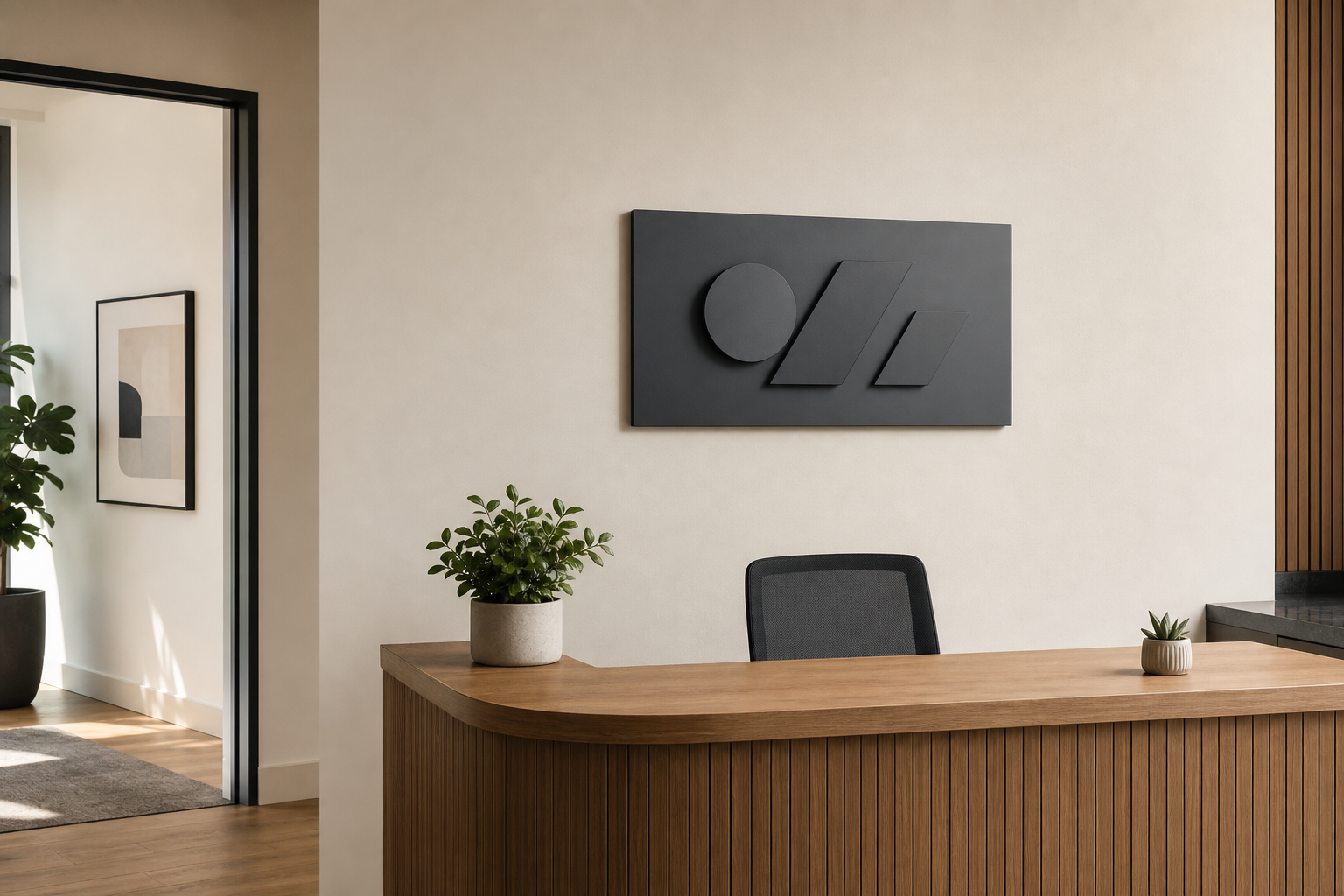 Dimensional custom logo sign mounted behind a reception counter for judging scale and permanence