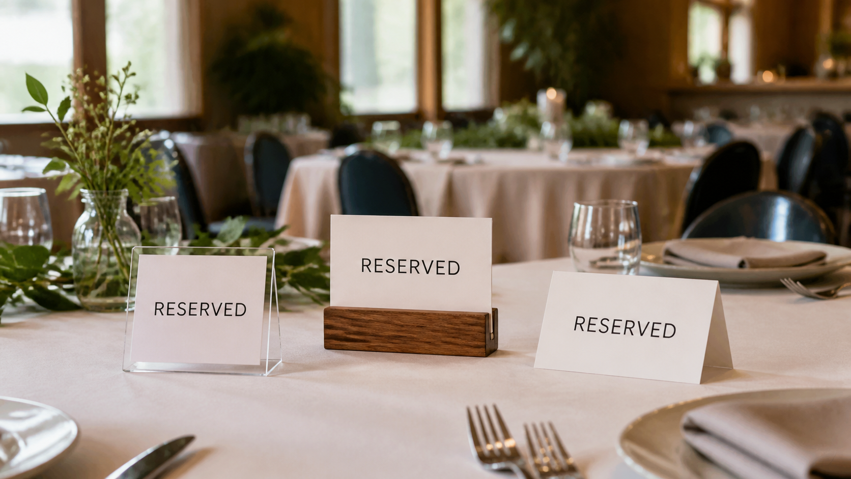 Acrylic insert holder, wood block holder, and tent card used as reserved table signs at a small event