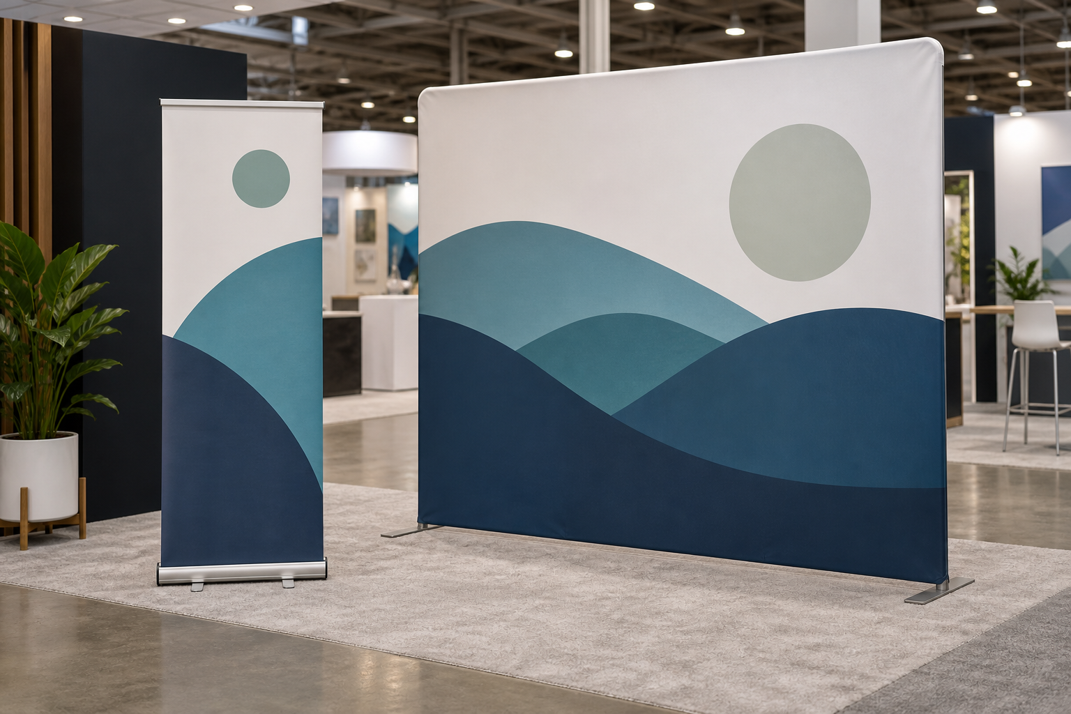 Narrow retractable roll-up banner beside a wide fabric backdrop showing their different indoor booth coverage and footprints