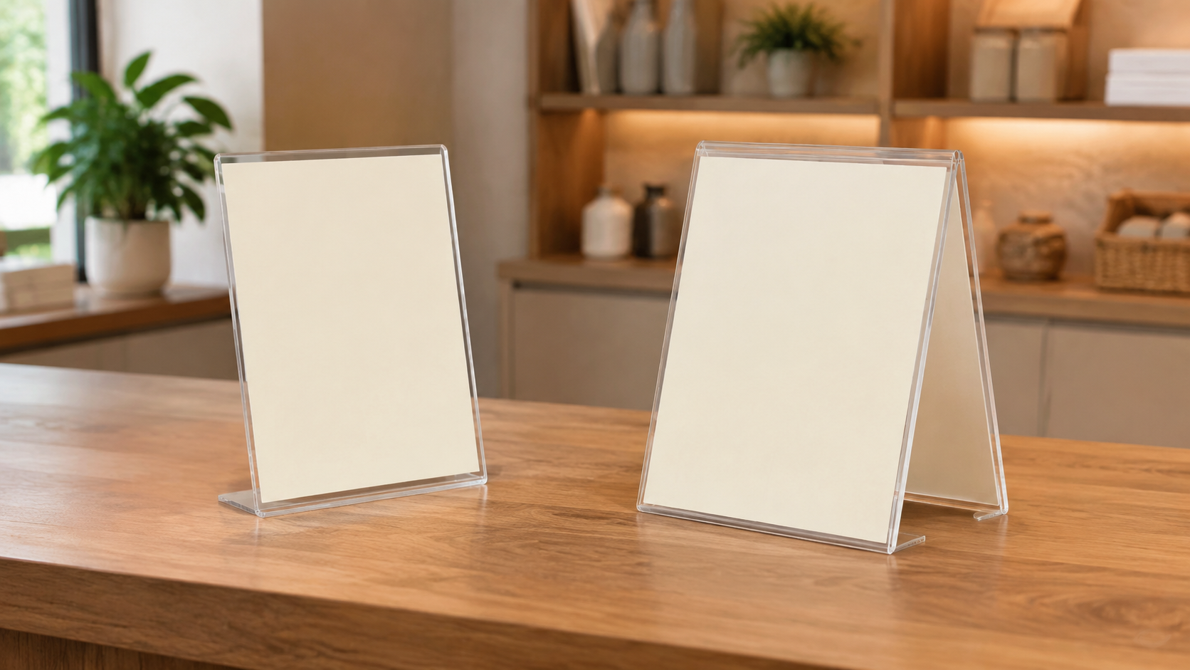 Single-sided clear counter sign holder beside a double-sided A-frame holder, showing the difference in viewing faces and base depth