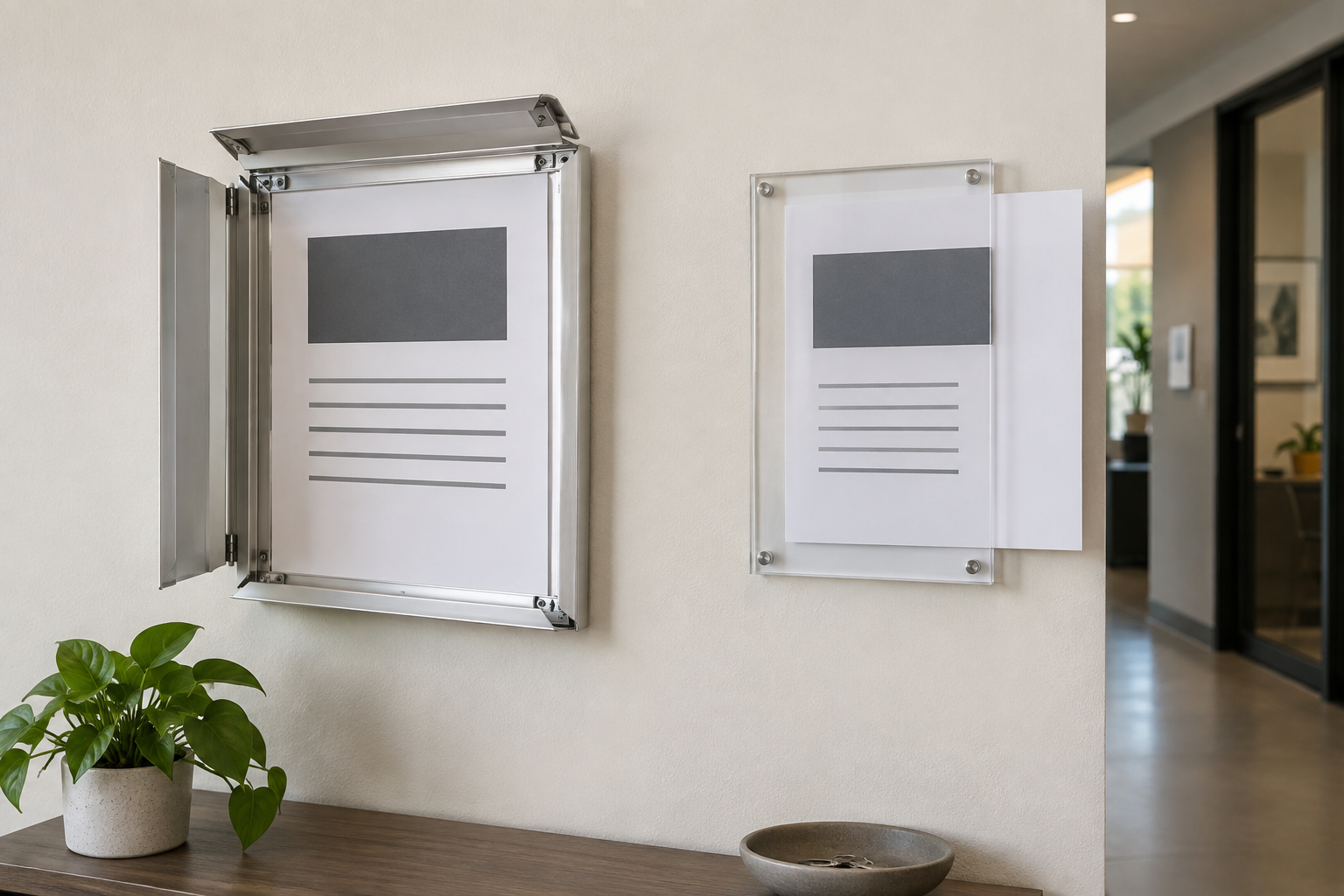 Open silver snap frame beside a clear wall-mounted sign holder with a notice entering through its side slot