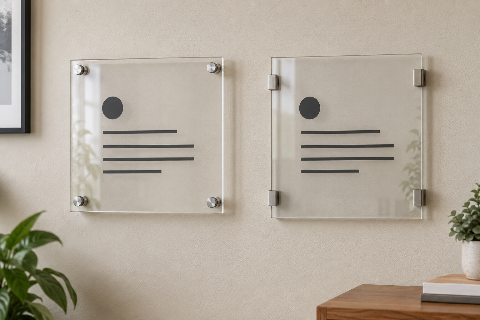 Two clear indoor acrylic signs: one fixed through four corner standoffs and one held by four edge-grip clamps