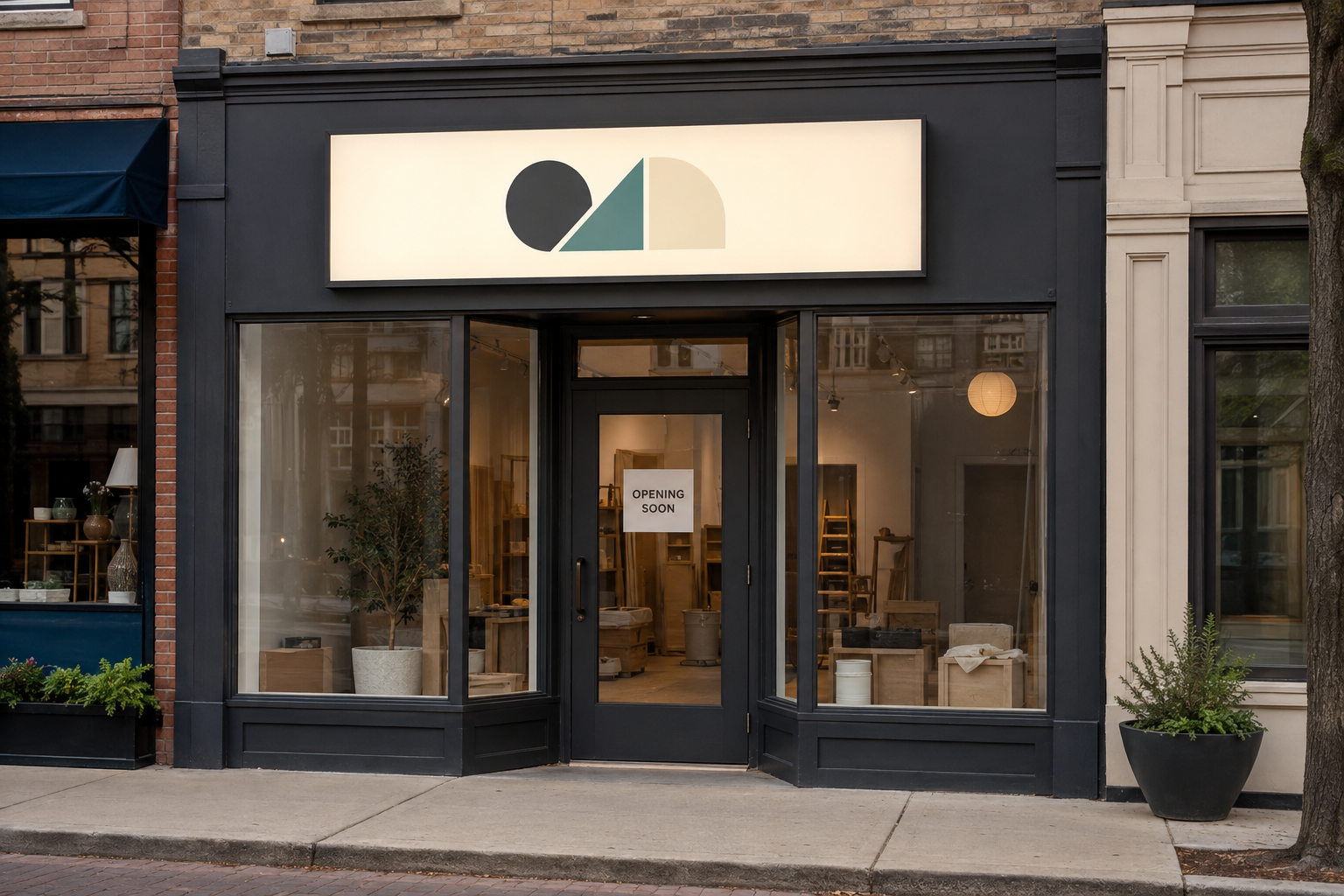 Small storefront with a permanent fascia sign and temporary opening-soon notice for comparing pre-opening sign choices