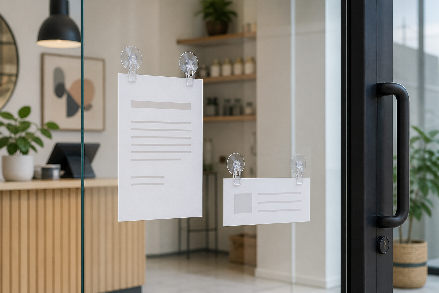 Clear suction-cup clips holding lightweight paper notices on the inside of a glass door