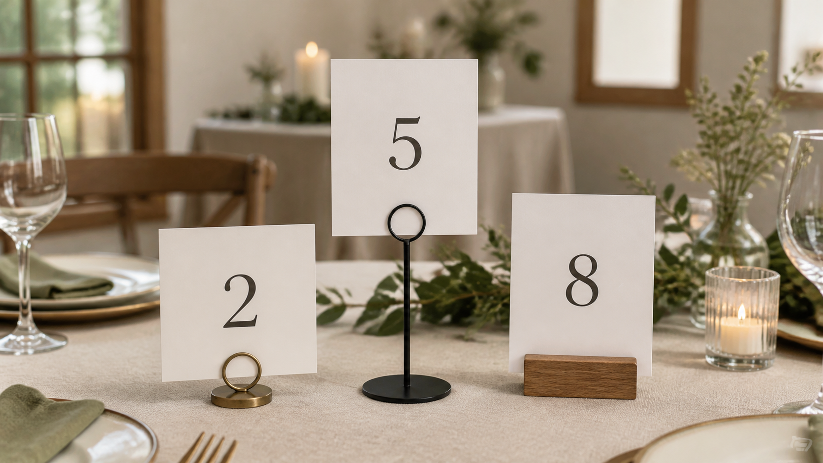 Low brass, tall black, and wood-block table number holders arranged on a small event table