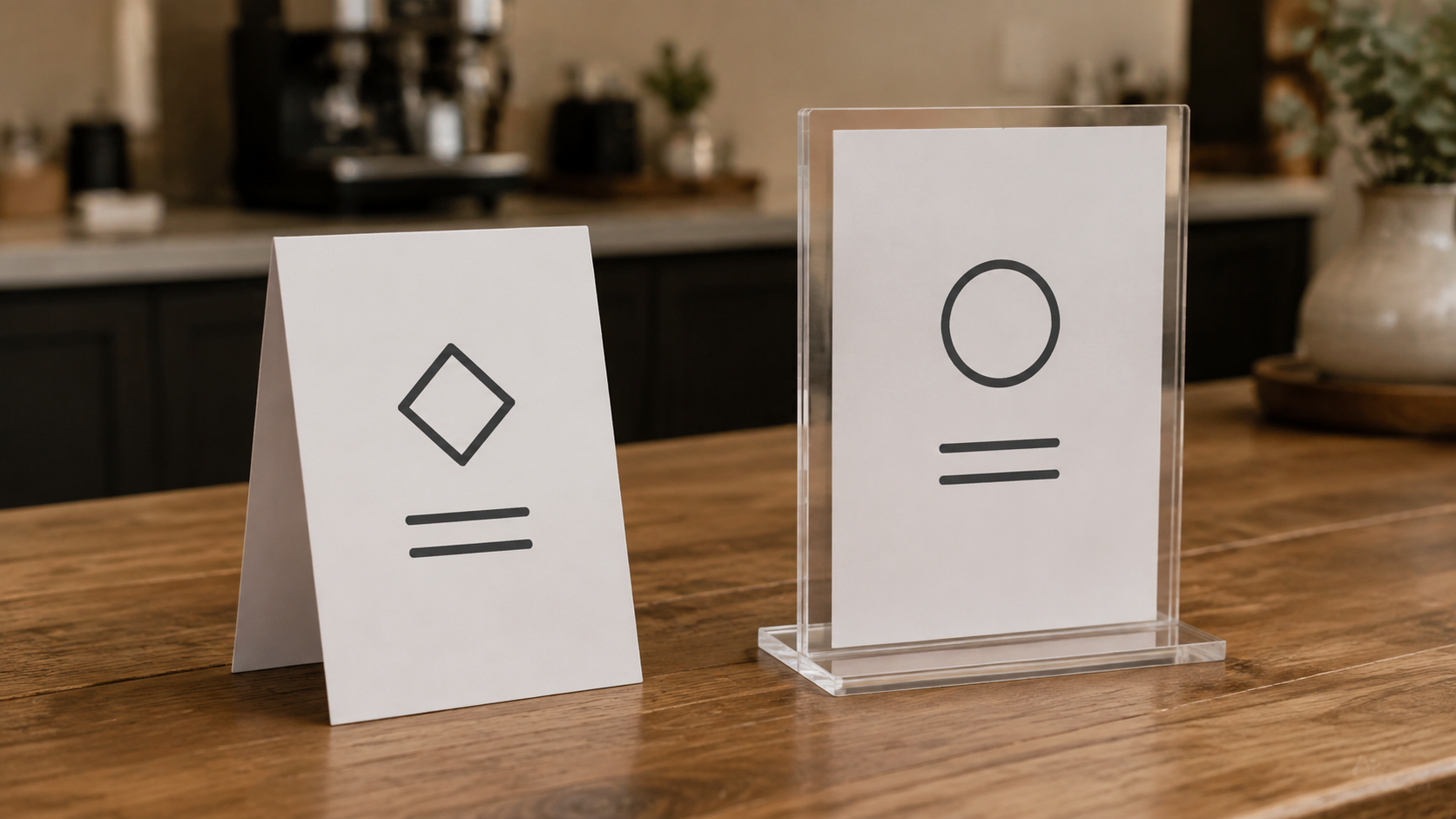 Folded paper table tent beside a clear acrylic sign holder on a wood counter