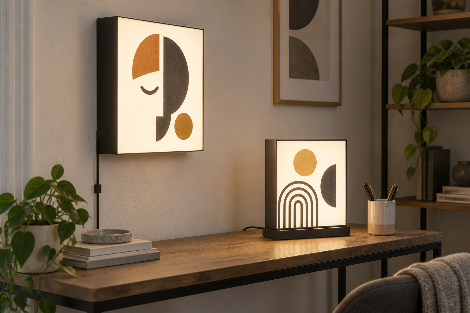 Illuminated wall-mounted light box beside a smaller freestanding tabletop light box in a home office